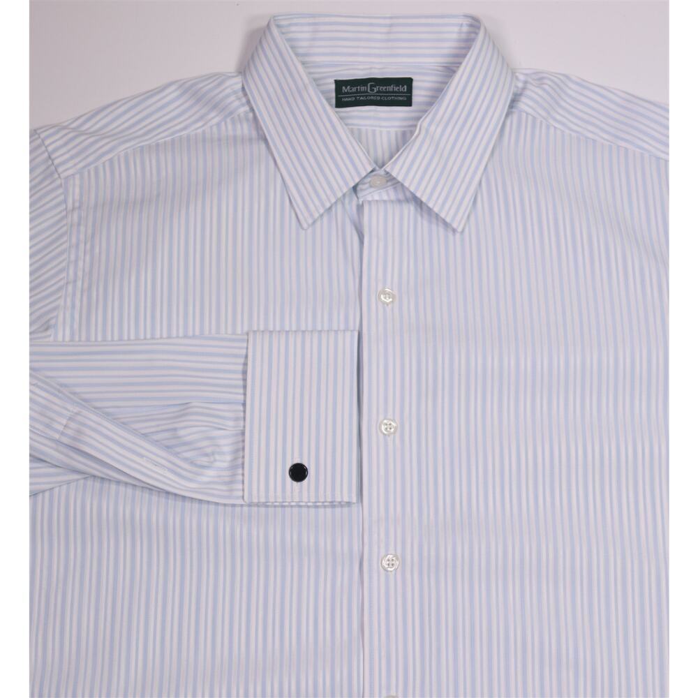 Martin Greenfield Custom Tailored Blue White Striped Dress Shirt (42) 16.5-34